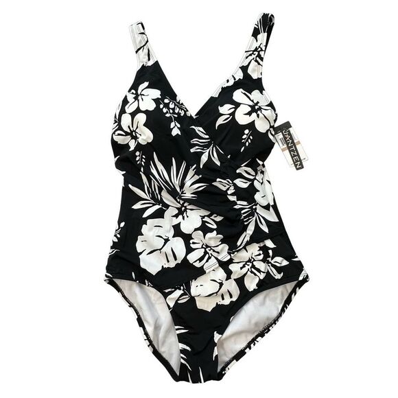 JANTZEN NWT Black & White Floral Wrap Waist Fully Lined Swimsuit Size 12 - Picture 1 of 12